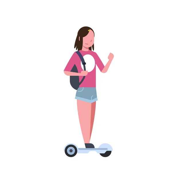 Meisje paardrijden gyroscooter op witte achtergrond. gyroboard concept. volledige lengte van de stripfiguur. vlakke stijl — Stockvector