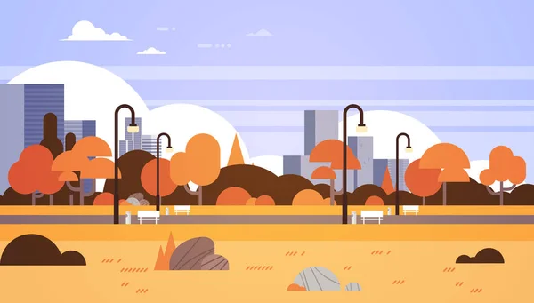 Höstens gula stadspark utomhus staden byggnader gatlyktor stadsbilden konceptet horisontella platt — Stock vektor