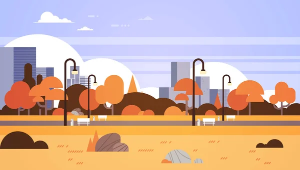 Otoño urbano amarillo parque al aire libre ciudad edificios calle lámparas paisaje urbano concepto horizontal plano — Vector de stock