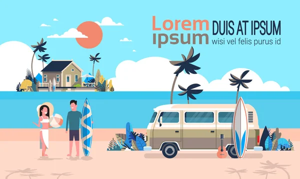 Sommer Urlaub Mann Frau Surfen Bus Sonnenaufgang Tropischen Strand Retro — Stockvektor