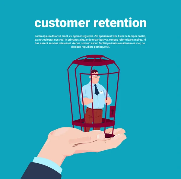 Customer retention manager hand holding a client in locked cage over blue background flat — Stock Vector