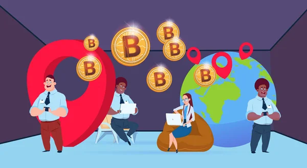 ビジネス人々 bitcoin マイニング世界地理位置情報ミックス レース実業家暗号通貨フラットを一緒に働くと — ストックベクタ