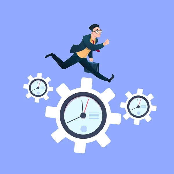 Businessman running on clock cogwheels over blue background gear deadline process strategy concept flat — Stock Vector