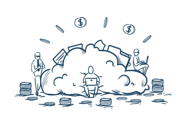 Empresarios de almacenamiento de datos trabajo de pila de la moneda internet negocio servicio concepto dinero dólar sobre fondo blanco dibujo doodle en la nube — Vector de stock