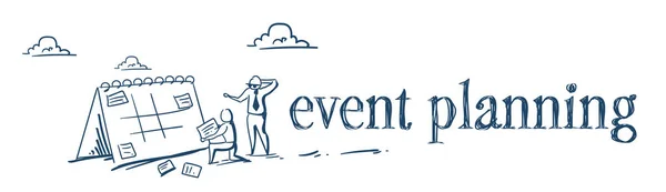 Hombre de negocios cambio cita evento planificación concepto empresarios proceso de trabajo duro sobre fondo blanco boceto doodle banner — Vector de stock
