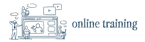 Media player szkolenia online webinar wideo koncepcji biznesowych ludzi siedzących na videoblogi laptopa na białym tle transparent szkic doodle — Wektor stockowy