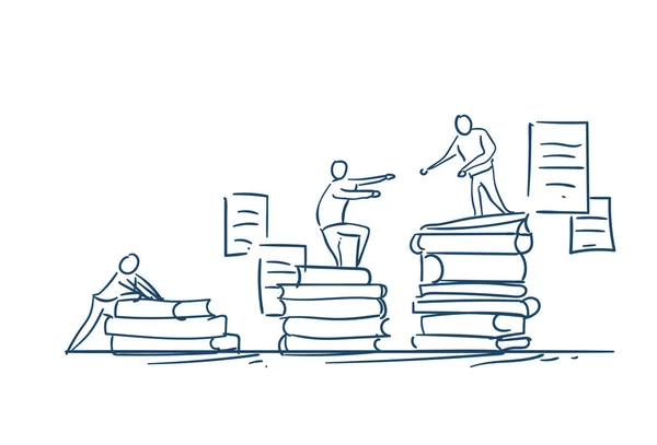 Człowiek na stos książek daj dłoń Edukacja sukces koncepcji podium winiarnia na białym tle doodle szkic — Wektor stockowy
