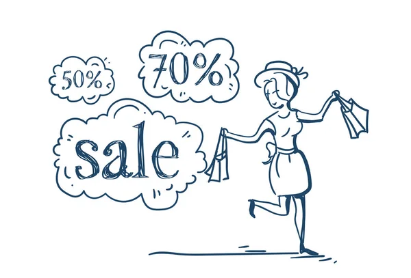 Mujer con compras venta concepto descuento precio chat burbuja sobre fondo blanco boceto garabato — Vector de stock