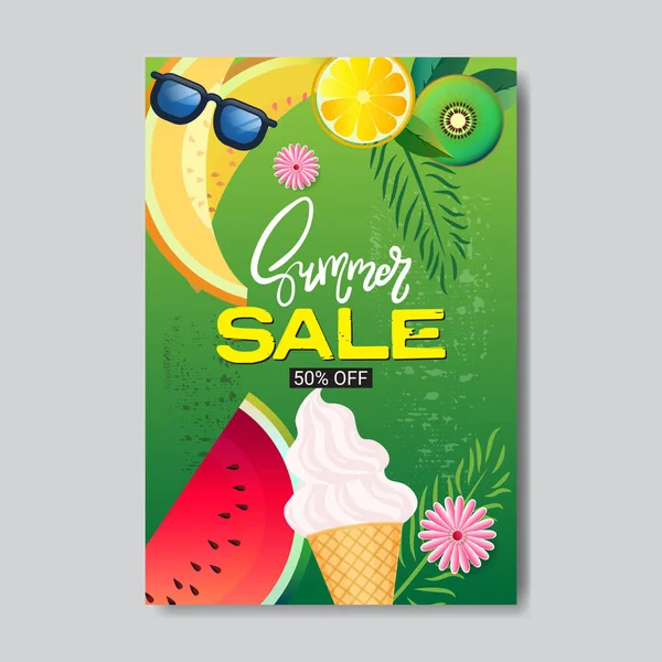 夏季销售新鲜水果刻字徽章设计标签季节购物徽标模板邀请贺卡打印和海报垂直 — 图库矢量图片