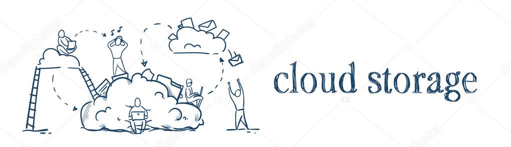 business people stairs on data cloud storage cycles synchronization concept team working on white background sketch doodle banner