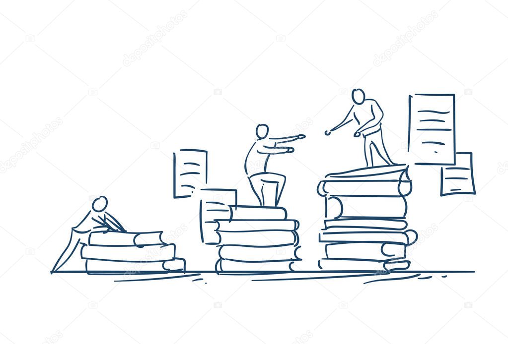 man on books stack give helping hand education success concept podium winers on white background sketch doodle