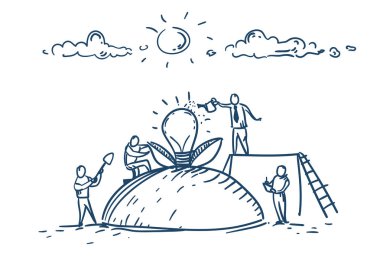 iş adamları bir yeni fikir takım beyin fırtınası ışık lamba kavramı ile beyaz arka plan kroki doodle gelip