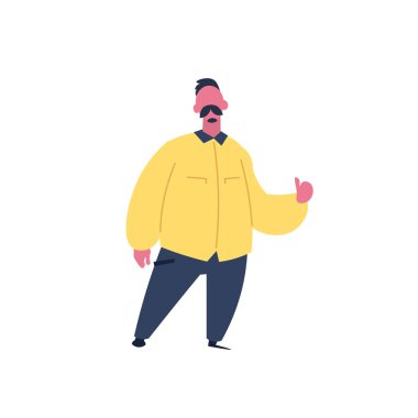 bıyıklı adam başparmak jest karakter ayakta poz izole erkek çizgi film tam uzunlukta düz