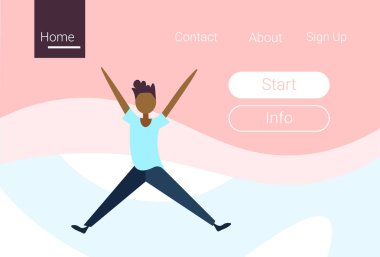 Afrika kökenli Amerikalı adam fiziksel jerks ayakta poz arka plan erkek çizgi film karakteri tam uzunlukta yatay düz