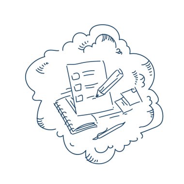 Pano onay işareti kalem sınav formu kavramı üzerinde beyaz arka plan kroki doodle