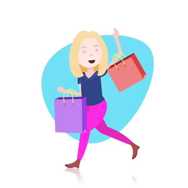 Donna personaggio shopping acquisti borsa modello per il lavoro di progettazione o animazione su sfondo bianco full length flat — Vettoriale Stock
