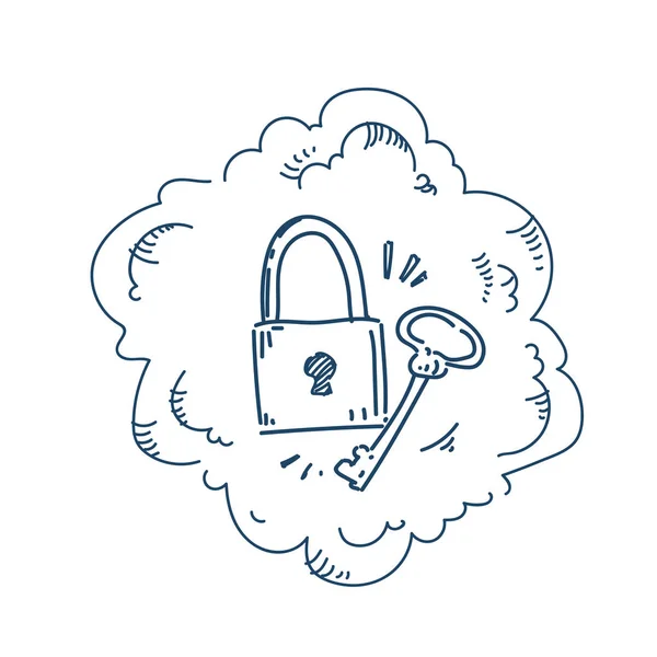 白色背景草图涂鸦的挂锁密钥安全系统概念 — 图库矢量图片
