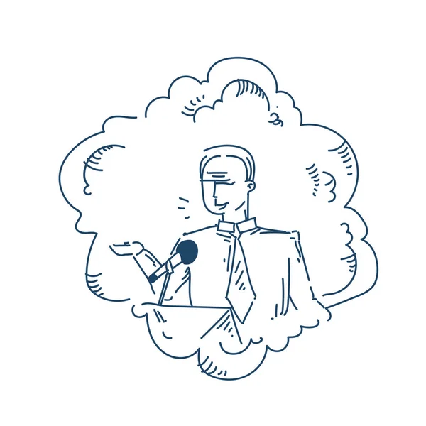 Człowiek głośnika mikrofonu toastmaster mowy o konferencji na białym tle doodle szkic — Wektor stockowy