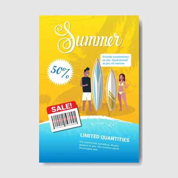 Verkoop paar man vrouw surfplank belettering badge design label zomerseizoen winkelen voor logo sjablonen uitnodiging wenskaart afdrukken en posters verticale — Stockvector