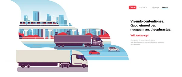 Semi truck trailers driving highway road cars lorry over city background delivery cargo concept flat copy space horizontal — Stock Vector