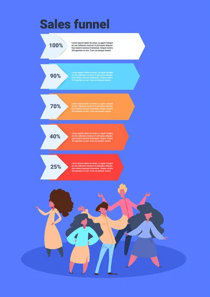 Embudo de ventas con personas etapas de longitud completa infografía de negocios concepto de diagrama de compra sobre fondo azul copia espacio diseño plano — Vector de stock