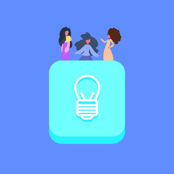 Menschen Gruppe auf Licht Lampe Idee Ikone kreatives Team über blauen Hintergrund flach — Stockvektor