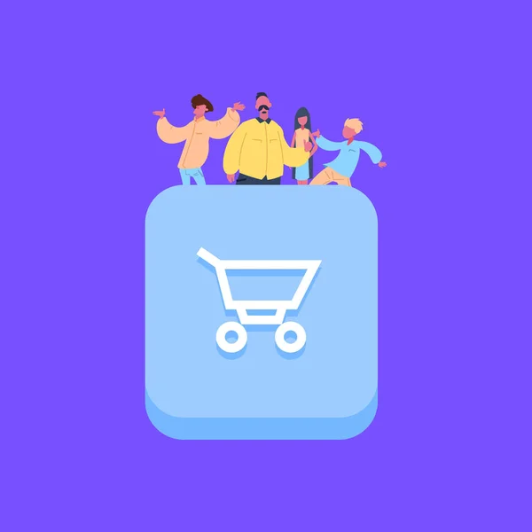 ショッピング カート アイコン クリエイティブ チーム フラット青色の背景上に人々 のグループ — ストックベクタ