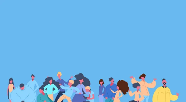 Casuale persone gruppo insieme uomo donna carattere diversità pose su blu sfondo maschio femmina cartone animato ritratto piatto — Vettoriale Stock