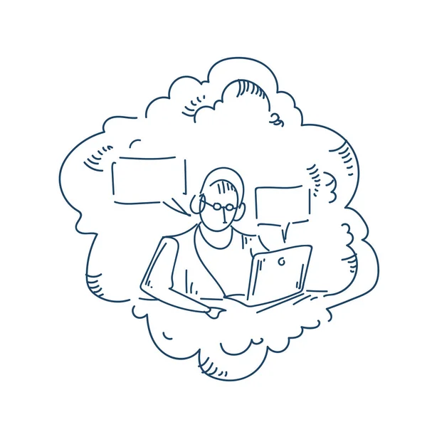 Słuchawki człowiek pracy laptopa spiker bąbelek czat koncepcja białe tło szkic doodle — Wektor stockowy