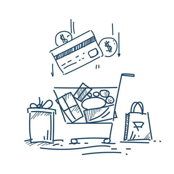 Carrito de compras con productos concepto de tarjeta de crédito compra en fondo blanco dibujo doodle vector ilustración — Archivo Imágenes Vectoriales