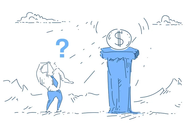 Affärsman stående frågetecken pengar mynt dollar pelaren koncept på vit bakgrund skiss doodle — Stock vektor