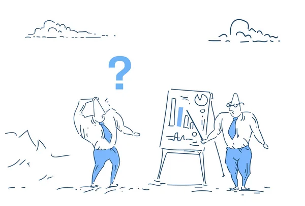 Επιχειρηματίας ερωτηματικό γραφήματα οικονομικών analytics επιχειρηματική ιδέα σε λευκό φόντο σκίτσο doodle — Διανυσματικό Αρχείο