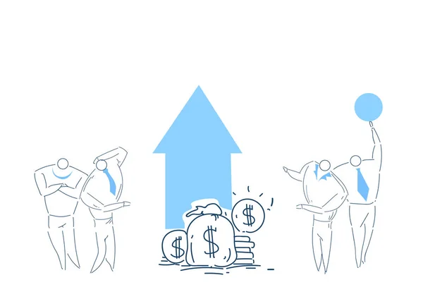 Personas grupo lluvia de ideas crecimiento riqueza dinero trabajando juntos proceso estrategia concepto bosquejo garabato — Vector de stock