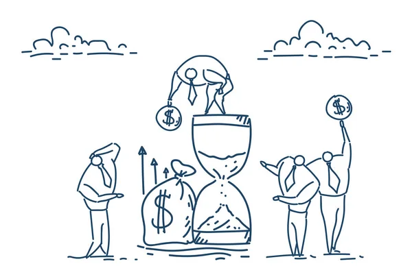 Personer timglas pengar företagsinvesteringar arbetar tillsammans processen strategi konceptet vita bakgrunden skiss doodle — Stock vektor