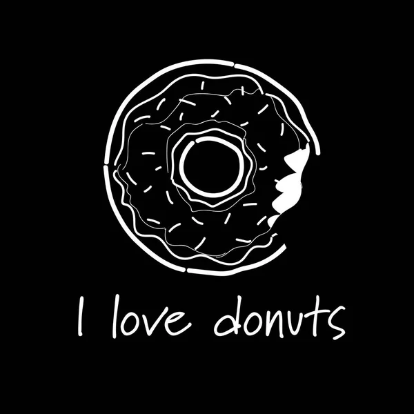 Donuts coberto gelo mordido fora lettering modelo saudação cartão preto fundo — Vetor de Stock