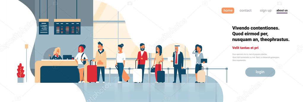 check in registration airport group mix race passengers standing in queue departures board concept flat copy space banner