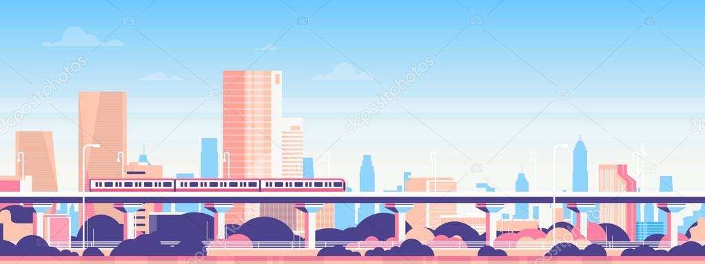 Subway over city skyscraper view cityscape background skyline flat banner