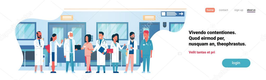Group doctors hospital corridor diverse medical workers modern clinic banner copy space flat full length