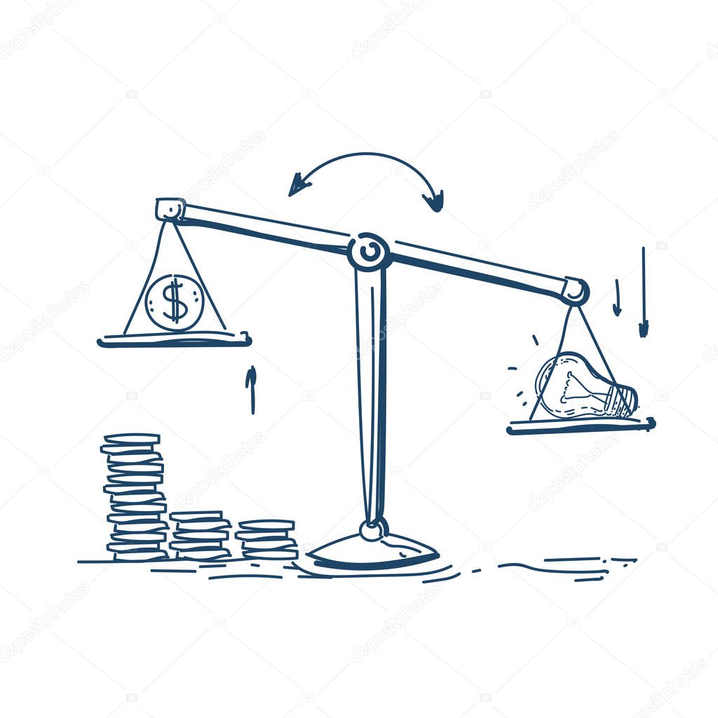 balance idea and money on scales business concept on white background sketch doodle