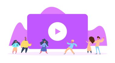 insanlar izlemek medya player çevrimiçi video akışı arabirimi casual adam kadın birlikte yatay düz vektör çizim kalmak