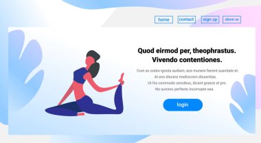 kadının Yoga egzersizleri çizgi film karakteri sporcumuz faaliyetleri yapması sağlıklı yaşam konsepti tam uzunlukta düz yatay kopya alanı izole