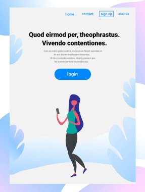 Smartphone çizgi film karakteri ayakta poz izole tam uzunlukta düz dikey kopya alanı kullanan kadın