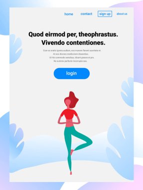 kadının Yoga egzersizleri çizgi film karakteri sporcumuz faaliyetleri yapması sağlıklı yaşam konsepti tam uzunlukta düz dikey kopya alanı izole