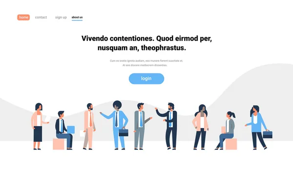 Mix race people gruppo personaggio communicating concetto bianco sfondo full length orizzontale banner copia spazio piatto — Vettoriale Stock