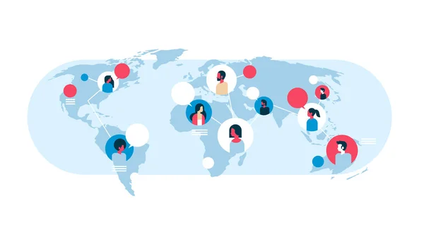 Personas en el mapa del mundo chat burbujas comunicación global trabajo en equipo conexión concepto avatar mix raza hombre mujer se enfrenta plana horizontal — Vector de stock