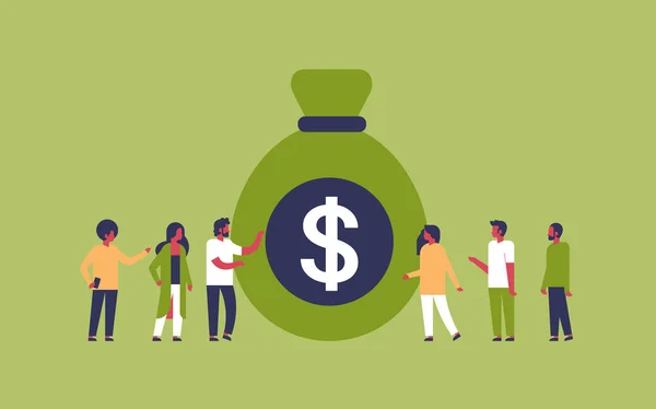 Personas grupo de pie dinero dólar bolsa crecimiento riqueza concepto en verde fondo africano trabajo en equipo éxito plana horizontal — Vector de stock