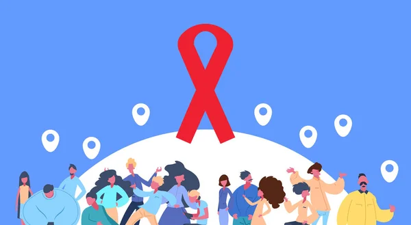 人グループがチャリティ寄付ヘルプ青い背景平らな横の肖像画のエイズ hiv 感染予防にジオタグを付ける — ストックベクタ