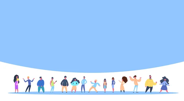 Pessoas casuais grupo de pé juntos homem mulher personagem diversidade poses isolado masculino feminino desenho animado comprimento total plana —  Vetores de Stock