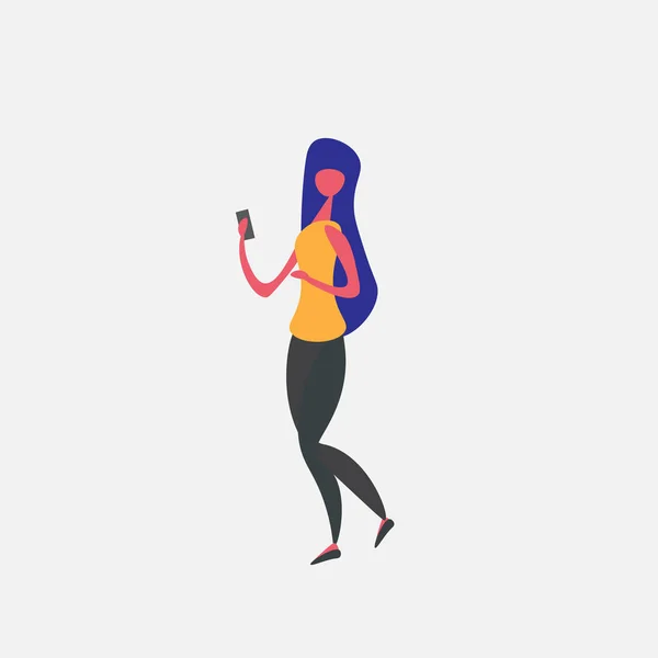 Kvinna med smartphone tecknad karaktär stående pose isolerade full längd platt — Stock vektor