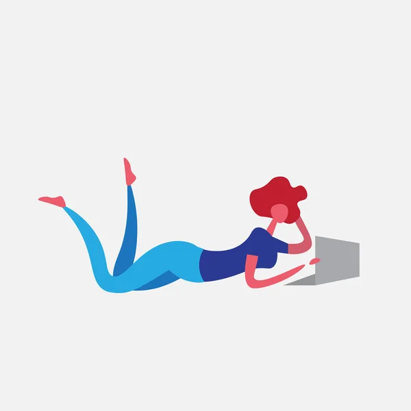 Femme à l'aide d'un ordinateur portable personnage de dessin animé pose couché isolé pleine longueur plat — Image vectorielle